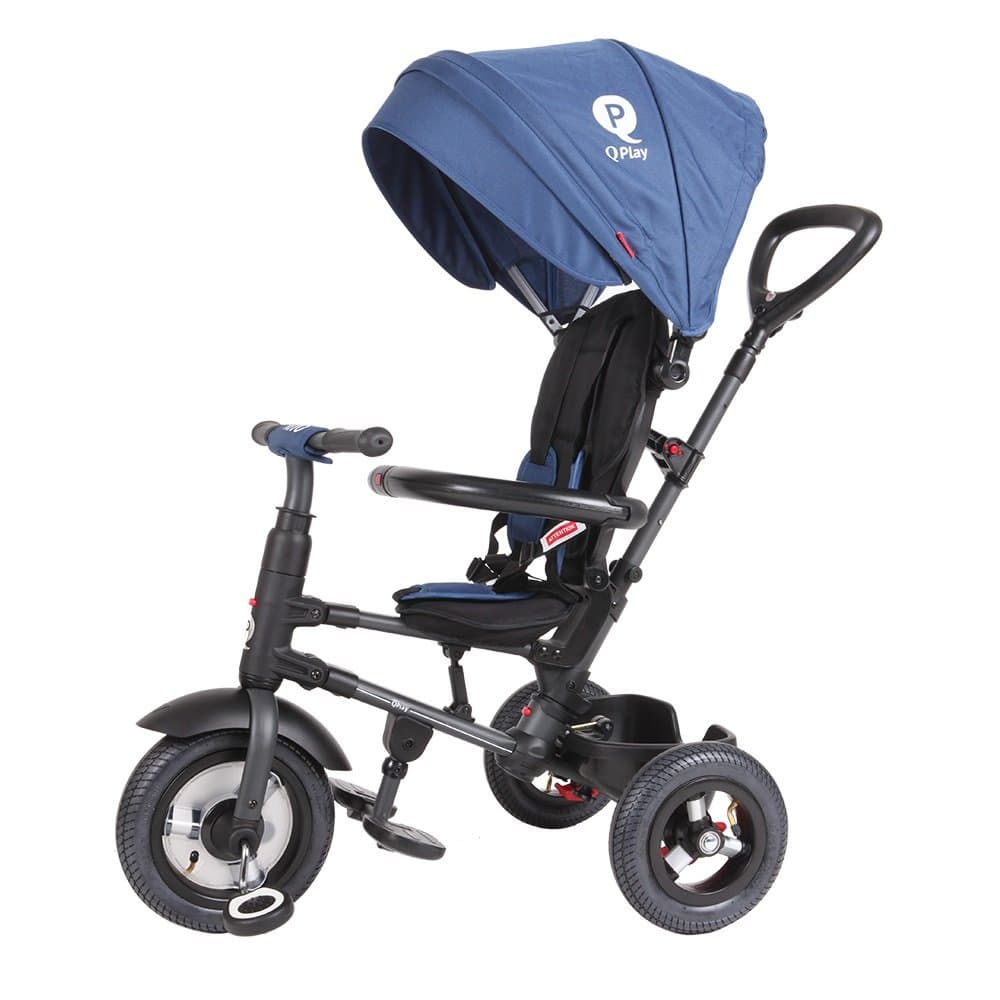 Tricicleta pentru copii Qplay Rito Rubber Albastru Inchis cu roti din cauciuc, pliabila, maner telescopic, sistem roata libera si greutate maxim suportata 25 kg