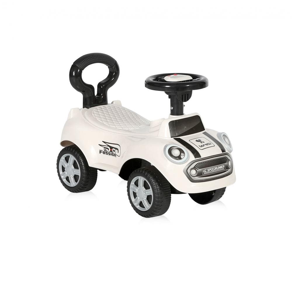 Masinuta pentru copii Lorelli Mini White, fara pedale, spatar cu functie de impingere, protectie impotriva rasturnarii, functii muzicale, lumini, inaltime de la sol la sezut 20 cm
