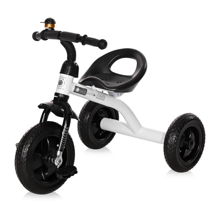 Tricicleta pentru copii Lorelli A28 White Black cu roti mari din cauciuc Eva, manere din cauciuc, scaun cu 2 pozitii si claxon inclus