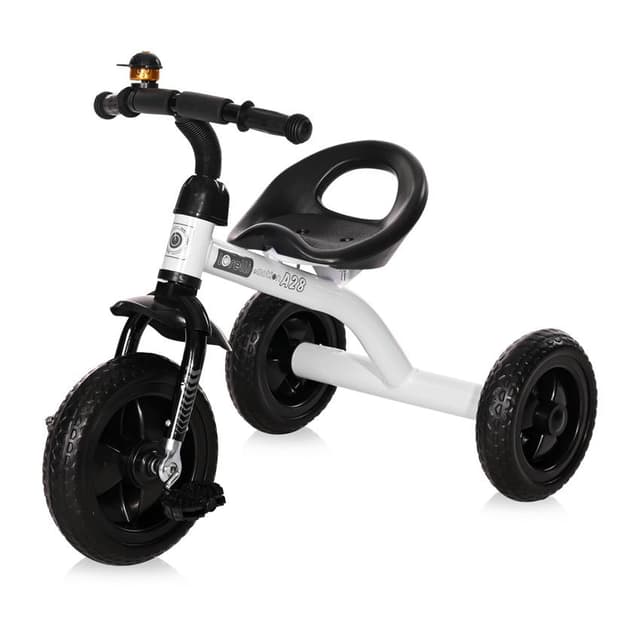 Tricicleta pentru copii Lorelli A28 White Black cu roti mari din cauciuc Eva, manere din cauciuc, scaun cu 2 pozitii si claxon inclus