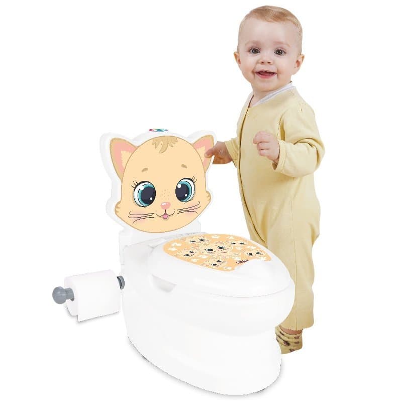 Olita educationala muzicala Pilsan Pisicuta cu baza antialunecare,suport hartie igienica si vas colectare detasabil,design ergonomic,cutie muzicala iluminata cu efect de sunet sifon