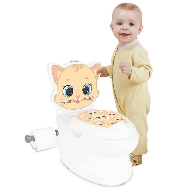Olita educationala muzicala Pilsan Pisicuta cu baza antialunecare,suport hartie igienica si vas colectare detasabil,design ergonomic,cutie muzicala iluminata cu efect de sunet sifon