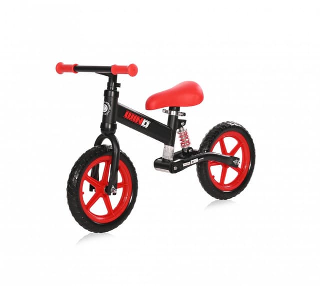 Bicicleta copii fara pedale Wind Black Red, roti din spuma EVA, amortizor reglabil care ajuta la absorbtia socurilor, scaun reglabil de la 47 cm pana la 50 cm, 12 inch, varsta 2-5 ani, maxim 25 de kg