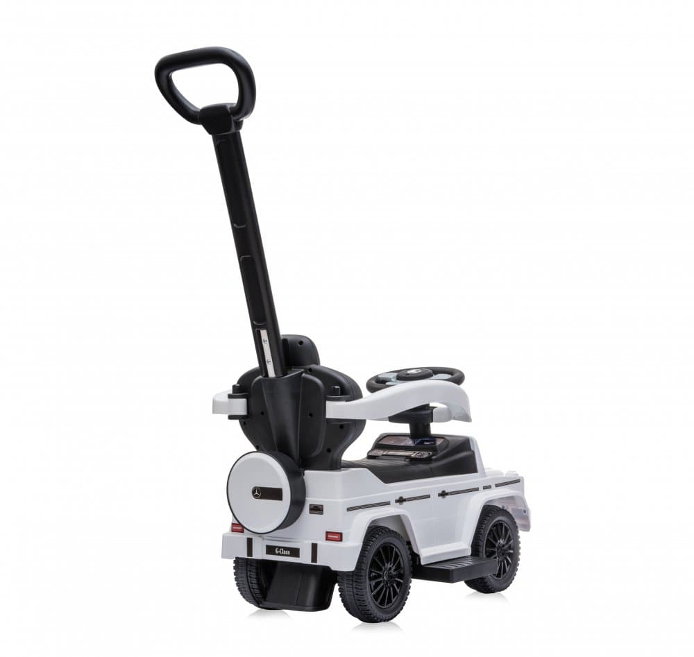 Masinuta copii de impins Lorelli Mercedes-Benz G350D White cu maner parental, suport pentru picioare, spatiu depozitare jucarii, protectie impotriva rasturnarii, inaltime de la sol la sezut 26 cm