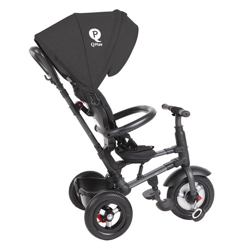 Tricicleta pentru copii Qplay Rito Rubber Negru cu roti din cauciuc, pliabila, maner telescopic, sistem roata libera si greutate maxim suportata 25 kg