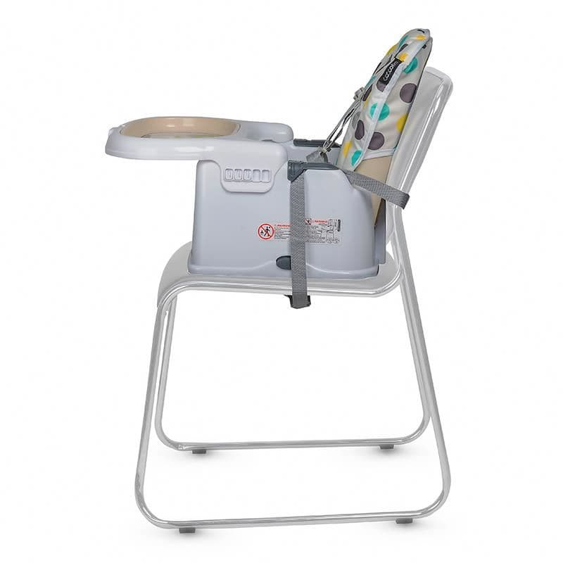 Scaun de luat masa 2in1 pentru copii Coccolle Ziti multifunctional, Cu functie de inaltator, Centuri in 5 puncte, Spatar reglabil in 2 pozitii, Tavita reglabila in 3 pozitii, Dispozitiv anti-alunecare sub tavita, pana la 15 kg, Beige Dots