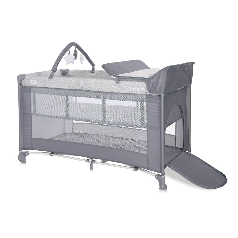 Patut Torino Plus Grey Striped Elements pliabil, cu 2 nivele, roti cu sistem de blocare, masuta de infasat, accesorii incluse