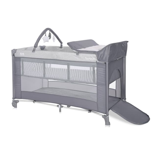 Patut Torino Plus Grey Striped Elements pliabil, cu 2 nivele, roti cu sistem de blocare, masuta de infasat, accesorii incluse