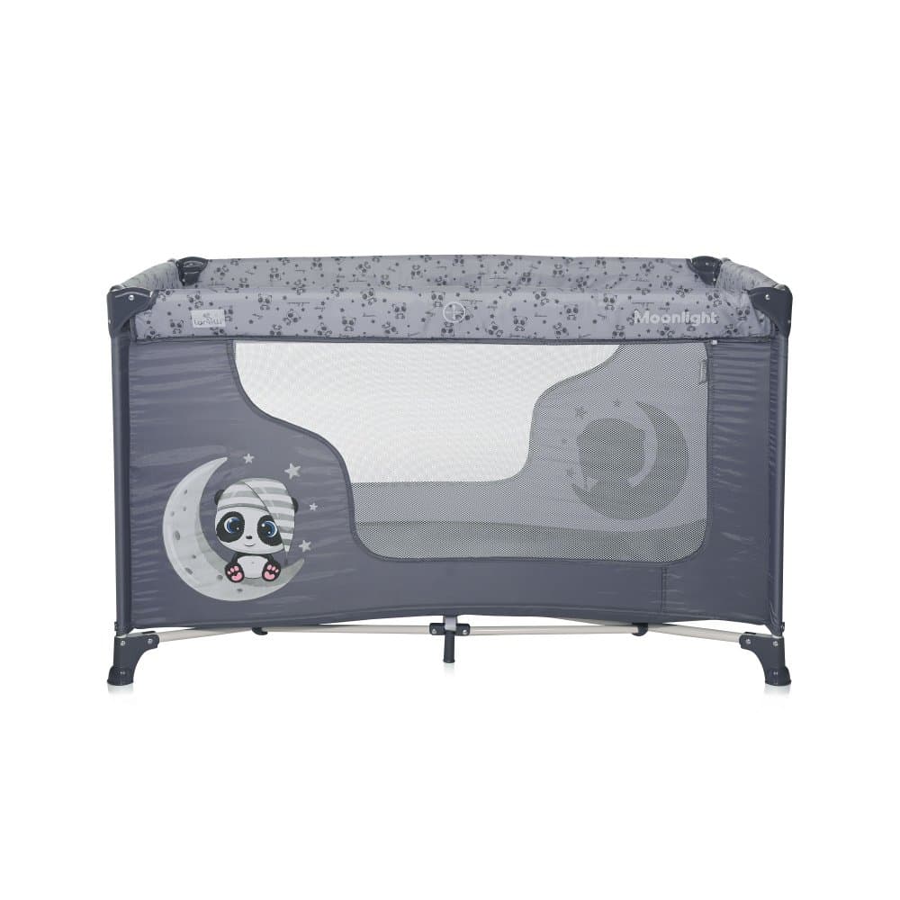 Patut pliabil pentru copii Lorelli Moonlight Cool Grey Pandas, deschidere laterala cu fermoar, geanta de transport