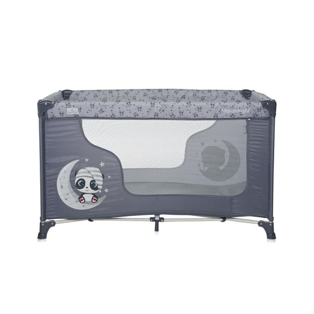 Patut pliabil pentru copii Lorelli Moonlight Cool Grey Pandas, deschidere laterala cu fermoar, geanta de transport