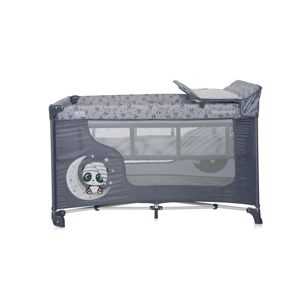 Patut pentru copii Lorelli Moonlight Cool Grey Pandas pliabil, cu 2 nivele, laterala cu fermoar, masuta de infasat, saltea si geanta de transport incluse