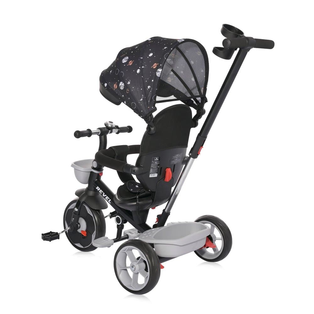Tricicleta pentru copii Lorelli Revel Black Cosmos cu sezut rotativ la 360 grade, 1-5 ani, maner cu control al directiei, scaun confortabil cu husa moale, suport pentru picioare, sistem roata libera si roti mari din cauciuc Eva