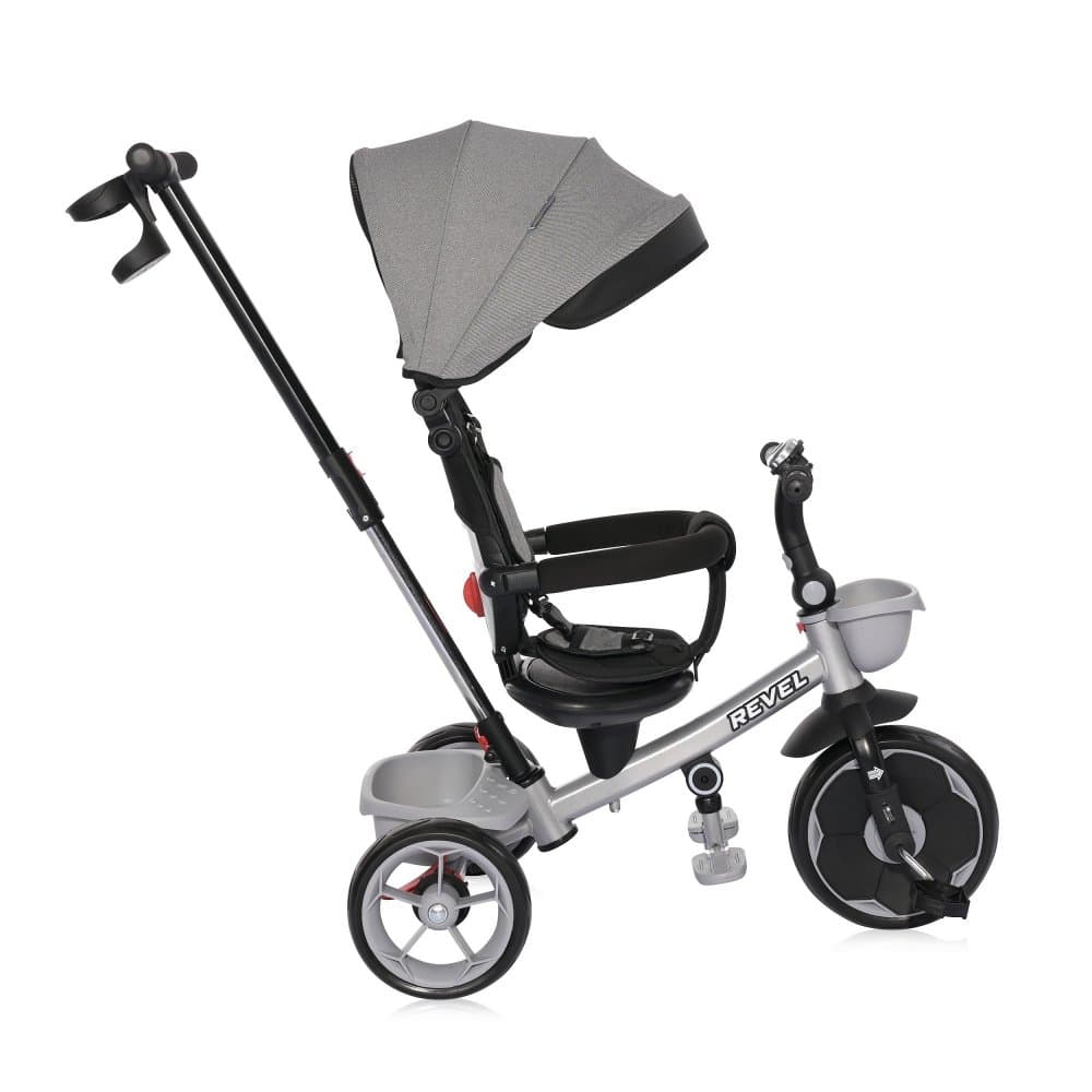 Tricicleta pentru copii Lorelli Revel Grey cu sezut rotativ la 360 grade 1-5 Ani, maner cu control al directiei, scaun confortabil cu husa moale, suport pentru picioare, sistem roata libera si roti mari din cauciuc Eva