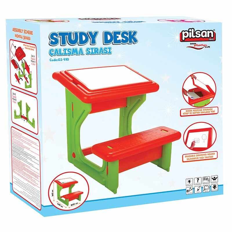 Masuta de studiu cu bancuta pentru copii Pilsan Study Desk Pink,din plastic rezistent,margini rotunjite,bancuta cu suport pentru picioare,spatiu de depozitare sub masuta si suprafata pe care se poate scrie