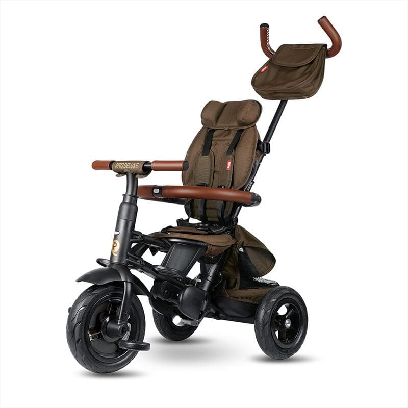 Tricicleta pentru copii QPlay Rito Deluxe maro, pliabila, cu scaun inalt, matlasat, ajustabil in 2 pozitii, maner cu control al directiei, frana dubla, copertina XXL, detalii de piele ecologica