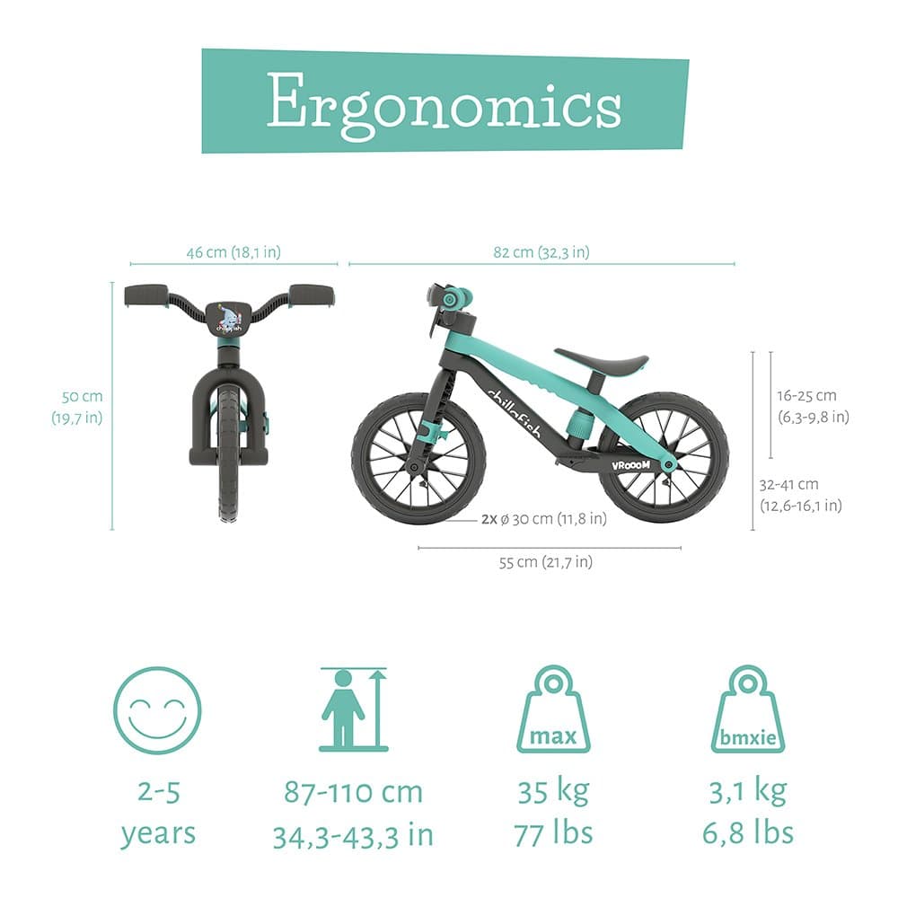 Bicicleta fara pedale Chillafish BMXie Vroom Mint, 12 inch, suport pentru picioare integrat, varsta 2-5 ani, scaun reglabil, anvelope EVA, greutate admisa 35 kg