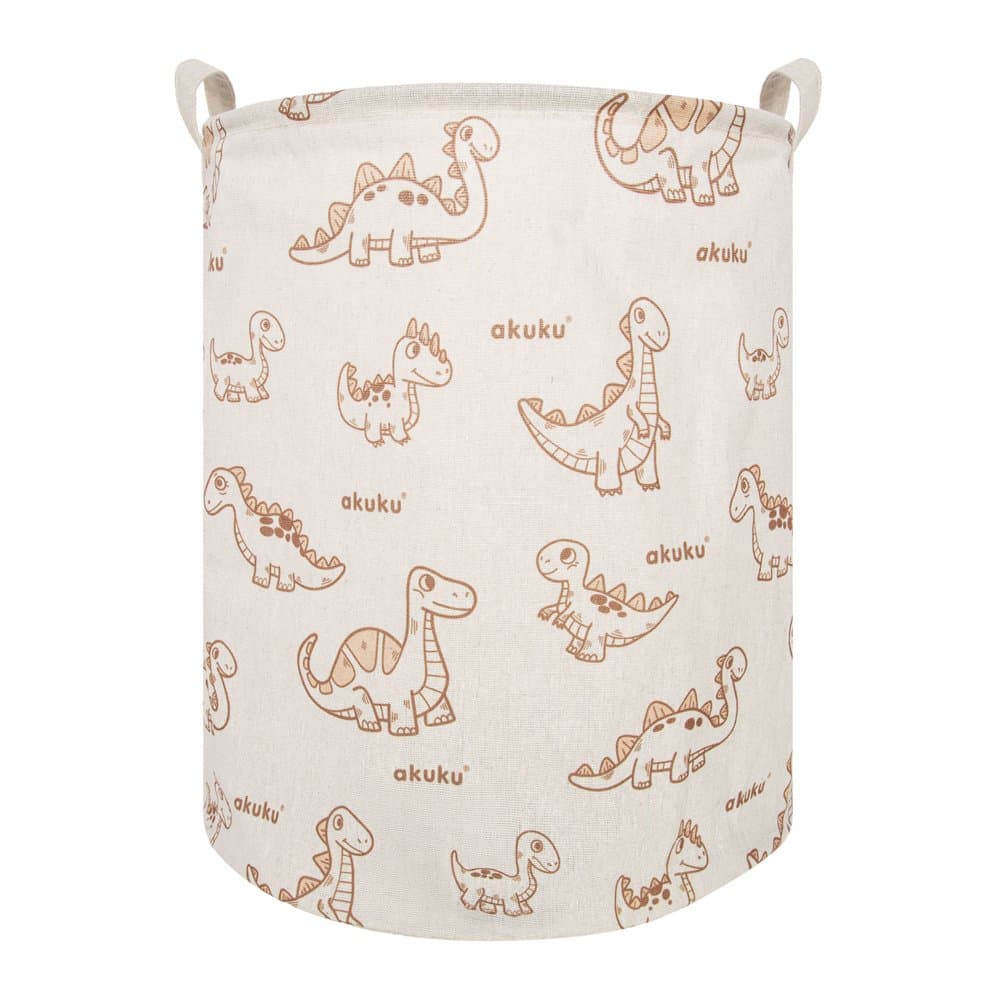 Cos pliabil textil Akuku Dino pentru jucariihaine cu manere practice,interior impermeabil,dimensiune 37x43 cm,supraimprimare cu desene