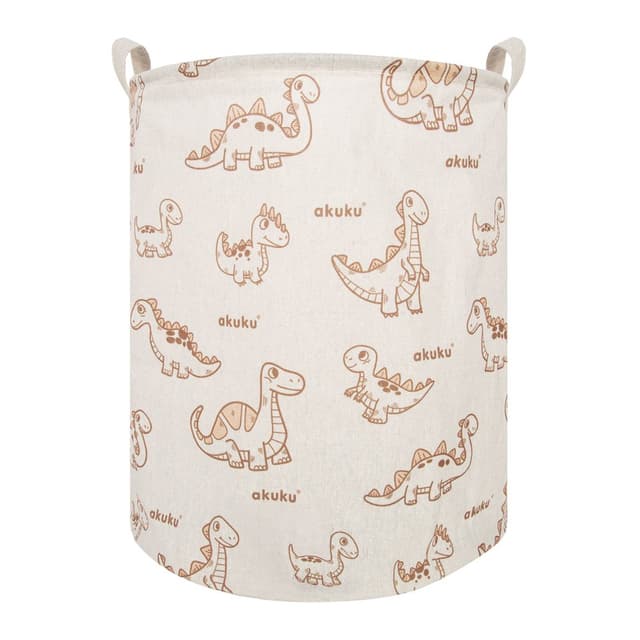 Cos pliabil textil Akuku Dino pentru jucariihaine cu manere practice,interior impermeabil,dimensiune 37x43 cm,supraimprimare cu desene
