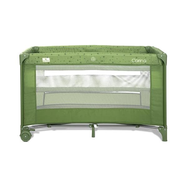 Patut pliabil pentru copii Lorelli Carina Green Stars, 2 nivele, deschidere laterala cu fermoar, prevazut cu roti cu frana