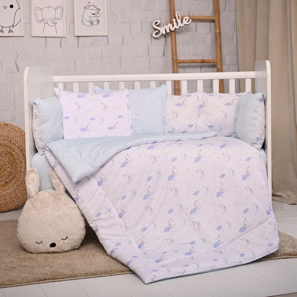 Set lenjerie de pat Lorelli cu 8 piese 70x140 cm bumbac ranforce Moon Stars Blue