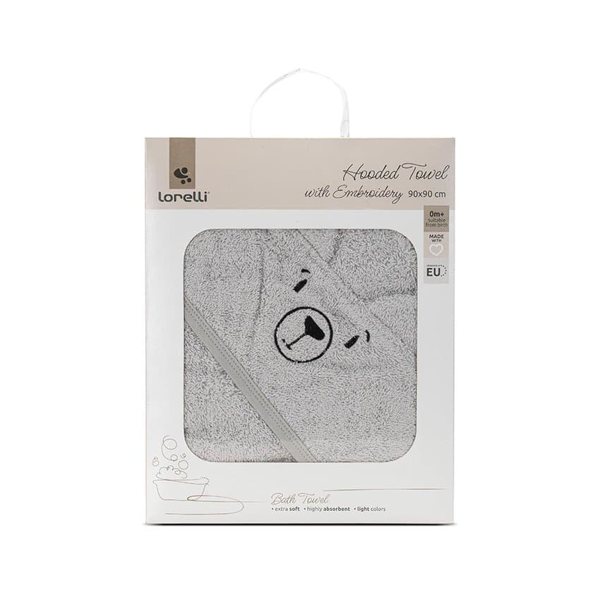 Prosop de baie cu gluga si broderie 90 x 90 cm din bumbac 0 luni+ Soft Grey