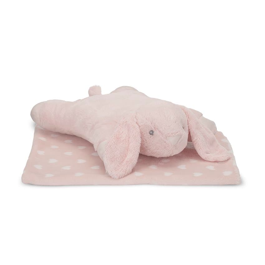 Set 2 piese, paturica moale 90 x 75 cm, pernuta in forma de iepuras 45 x 30 cm Poffy Pink 0 luni+