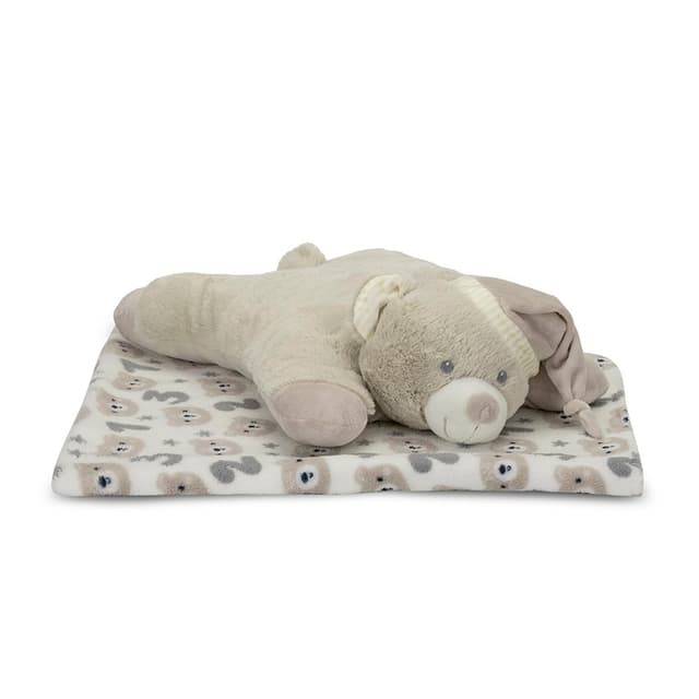 Set 2 piese, paturica moale 90 x 75 cm, pernuta in forma de ursulet 45 x 30 cm Poffy Beige 0 luni+