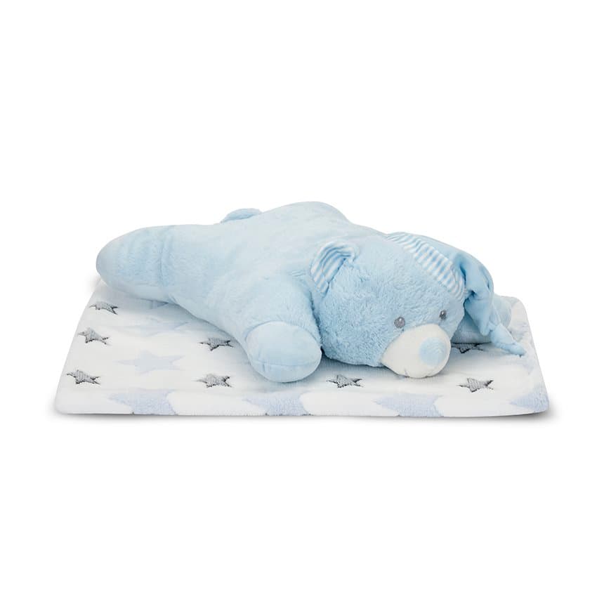 Set 2 piese, paturica moale 90 x 75 cm, pernuta in forma de ursulet 45 x 30 cm Poffy Blue 0 luni+