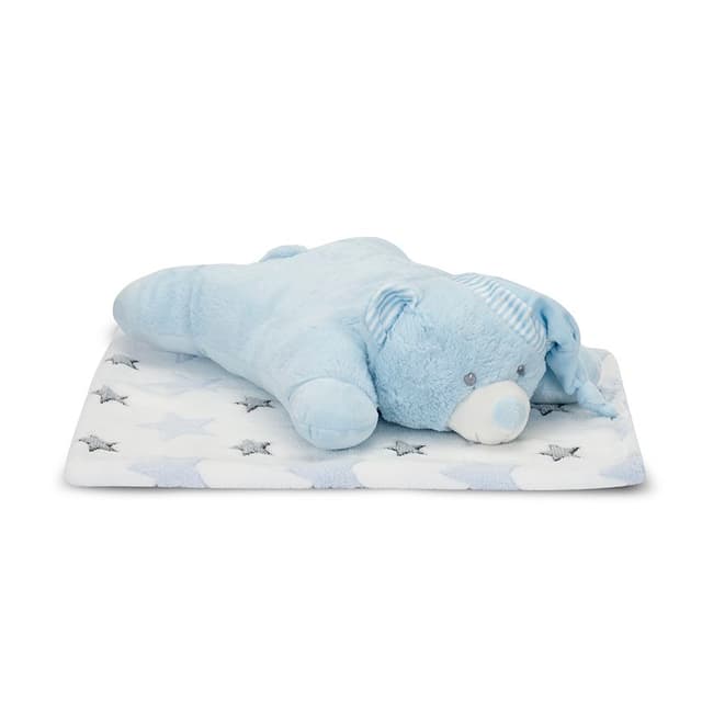 Set 2 piese, paturica moale 90 x 75 cm, pernuta in forma de ursulet 45 x 30 cm Poffy Blue 0 luni+