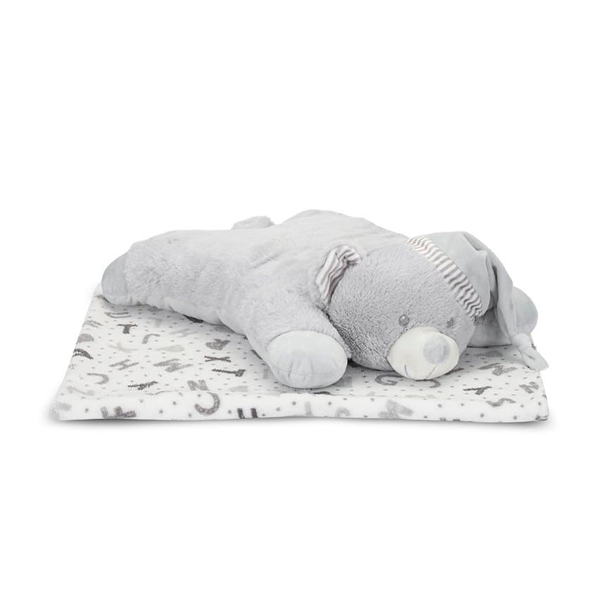 Set 2 piese, paturica moale 90 x 75 cm, pernuta in forma de ursulet 45 x 30 cm Poffy Grey 0 luni+