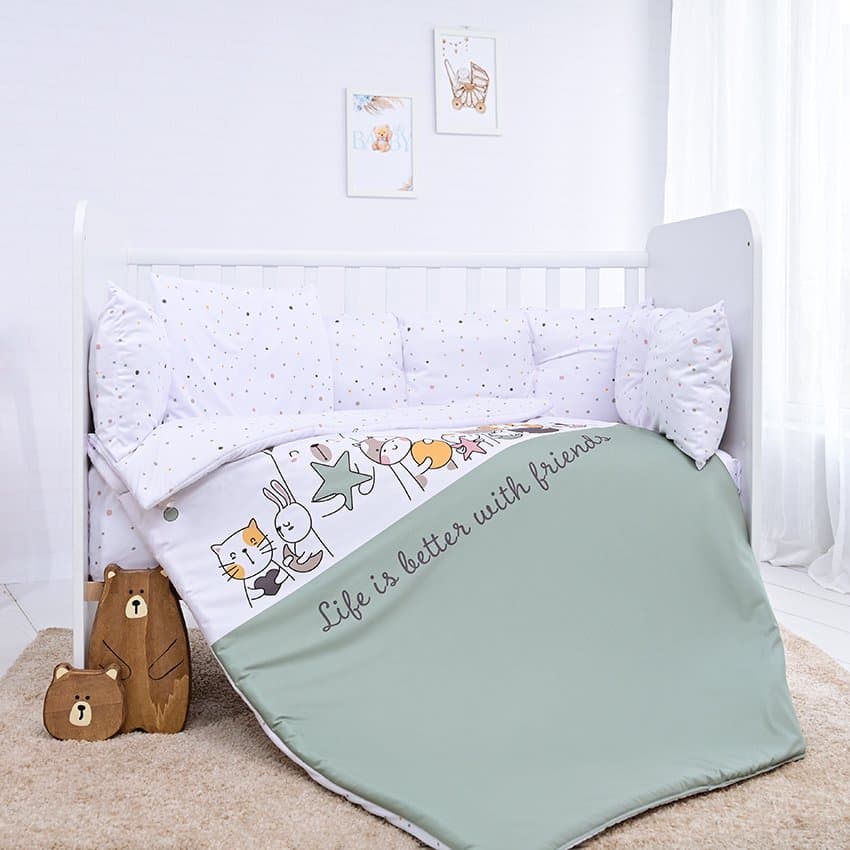 Lenjerie cu 7 piese pentru patut 120x60 cm Lorelli Lily Happy Friends Mint din bumbac ranforce