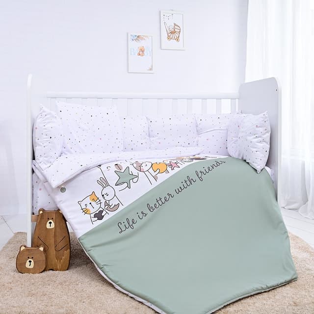 Lenjerie cu 7 piese pentru patut 120x60 cm Lorelli Lily Happy Friends Mint din bumbac ranforce
