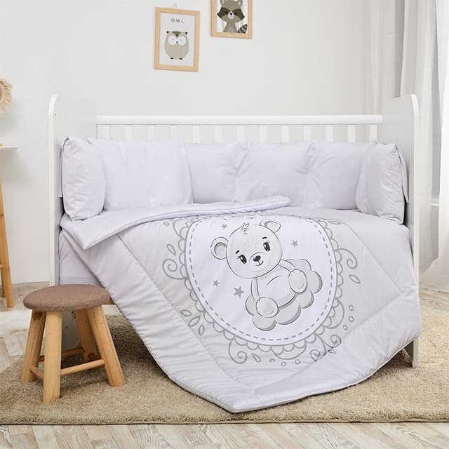 Lenjerie cu 7 piese pentru patut 120x60 cm Lorelli Lily Little Bear Grey din bumbac ranforce