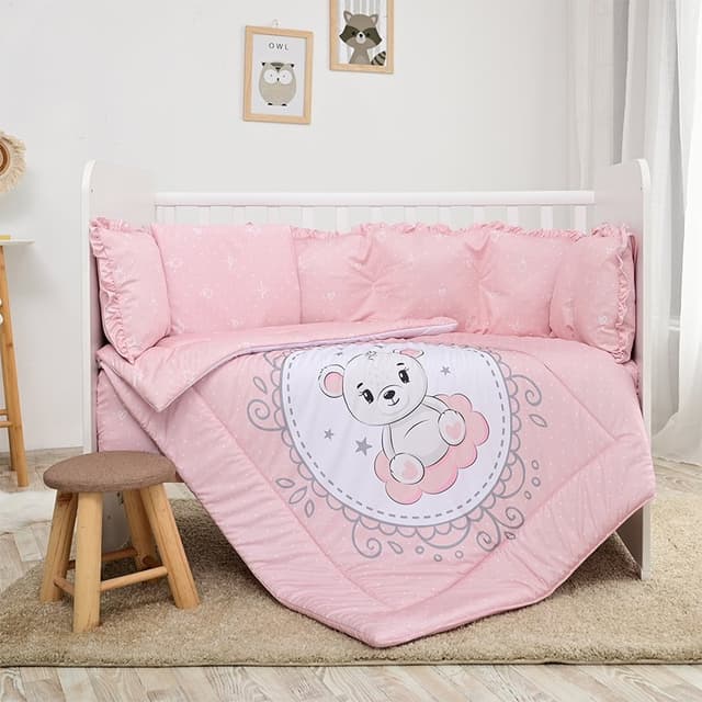 Lenjerie cu 7 piese pentru patut 120x60 cm Lorelli Lily Little Bear Pink din bumbac ranforce