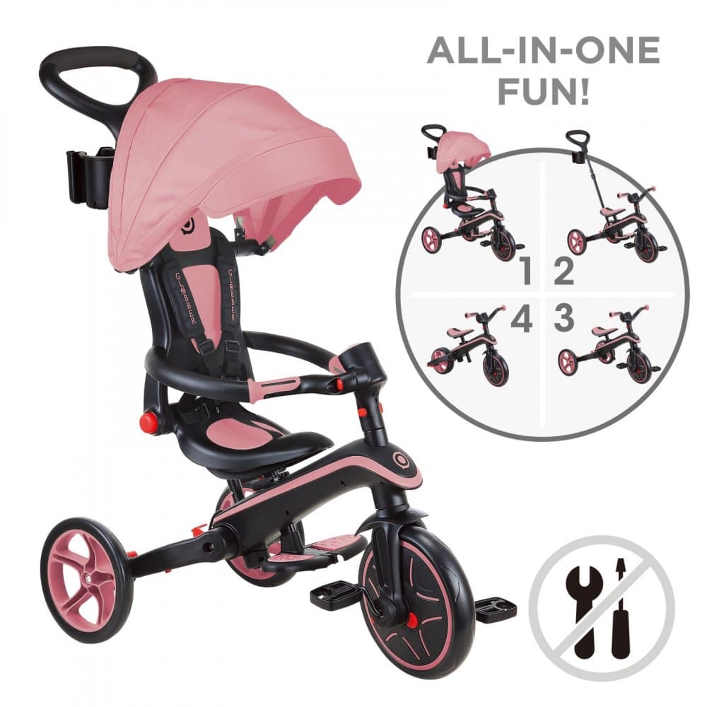 Tricicleta pentru copii Globber Explorer Roz Pal, 4 in 1 pliabila, maner pentru controlul directiei, scaun ajustabil pe inaltime, suport pentru picioare, roti din cauciuc Eva, sistem roata libera, de la 10 luni