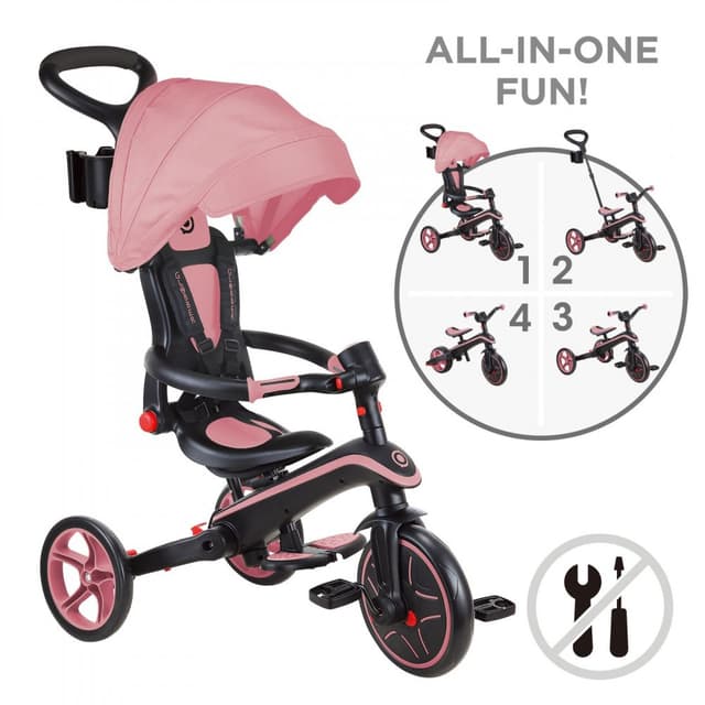 Tricicleta pentru copii Globber Explorer Roz Pal, 4 in 1 pliabila, maner pentru controlul directiei, scaun ajustabil pe inaltime, suport pentru picioare, roti din cauciuc Eva, sistem roata libera, de la 10 luni